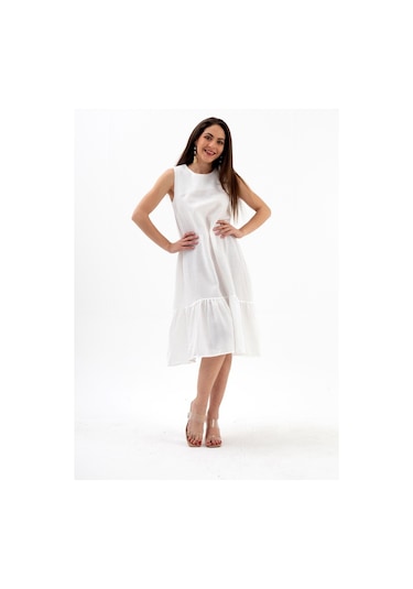 Kristal Keten Kolsuz Kadın Salaş Elbise - Ekru-ekru