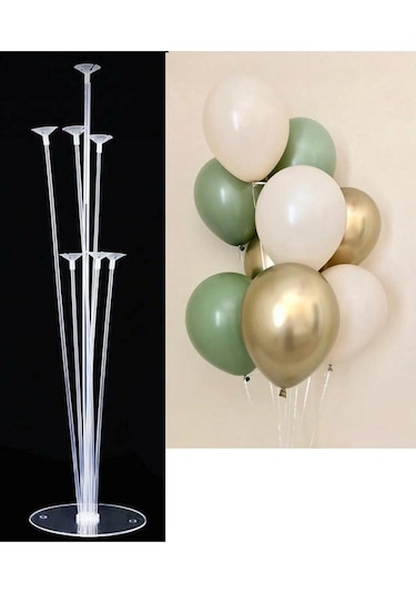 7'li Balon Standı Ve 10 Adet Küf Yeşili, Krom Gold Ve Deniz Kumu Balon Set