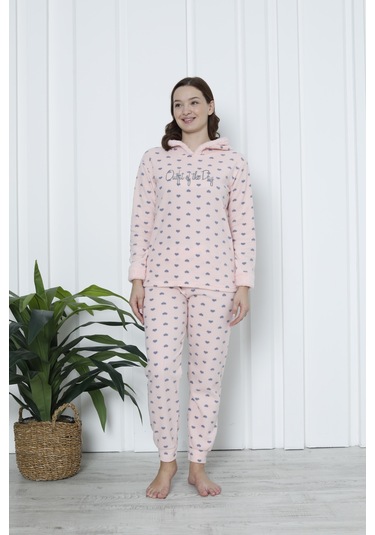Fawn 3903 Peluş Welsoft Polar Kışlık Kapşonlu Kadın Pijama Takımı Soft Pembe
