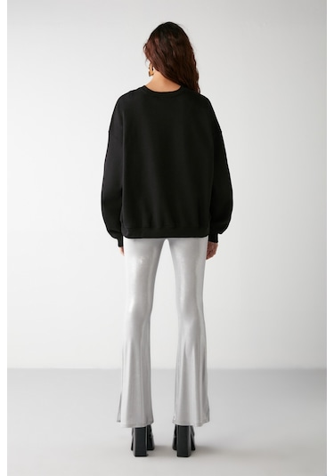 Grimelange Vaneltına İçi Polarlı 3 İplik Organik Pamuk Oversize Basic Bisiklet Yaka Kadın Sweatshirt - Siyah