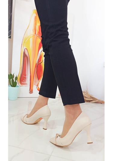 Bej Kadeh Yüksek Topuk Taş Desenli Kadın Stiletto Bej