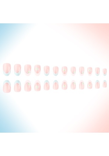 İlkbahar Ve Yaz Fransız Badem Tırnak Uçları Mavi Ve Beyaz Çiçekler Ve Çimen Zarif Bayanlar Tatlı Parlak Takma Tırnaklar 24 Adet Tırnak Sanatı Dahil Araçlar Ys1107