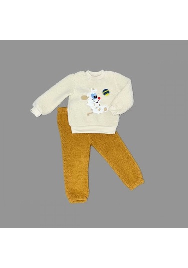 1-2-3 Yaş Toplu Köpek Nakışlı Kuzu Kumaş Sweat Pantolonlu Uzun Kollu Kız Erkek Bebek Takımı HARDAL