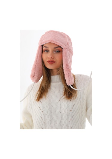 Kadın Pudra Kürklü Kulaklıklı Peluş Şapka Pudra