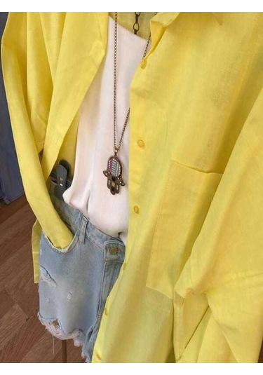 Kadın Oversize Keten Gömlek Yeni Sezon Yazlık Keten Gömlek Sarı