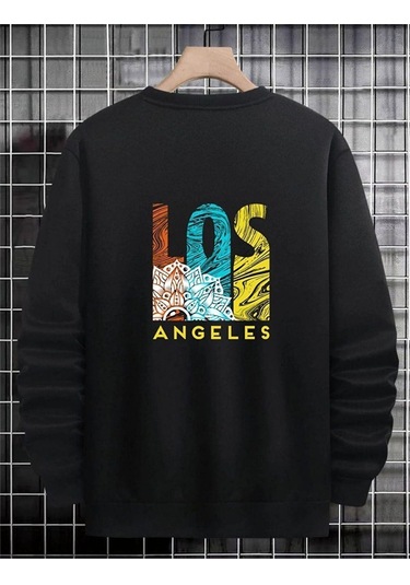 Unisex Siyah Los Angeles Oversize Bisiklet Yaka Sweatshirt 001