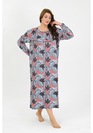 Akbeniz Kadın Büyük Beden Uzun Kol Somon Anne Gecelik 1378 SOMON
