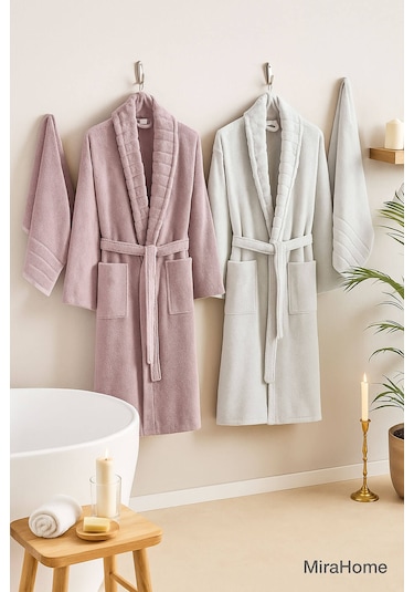 4 Parça Soft Elegance Banyo Aile Bornoz Seti %100 Pamuklu Açık Gri