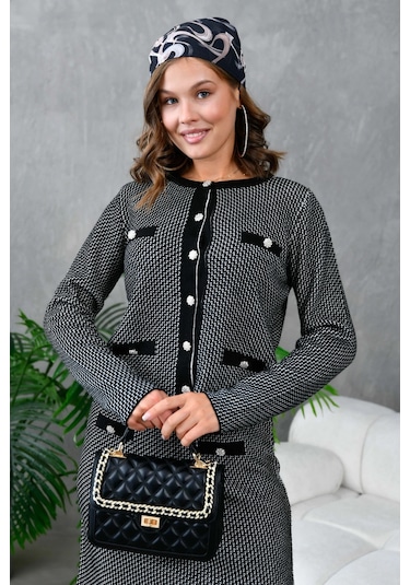 Kadın Düğme Detay Etekli İkili Triko Takım Siyah