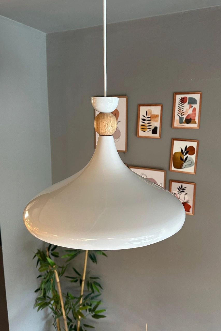 Beyaz İç Beyaz Ahşap Şapka Tekli Avize Sarkıt Salon Mutfak Cafe Butik Lamba Aydınlatma Avizeler Beyaz - Beyaz