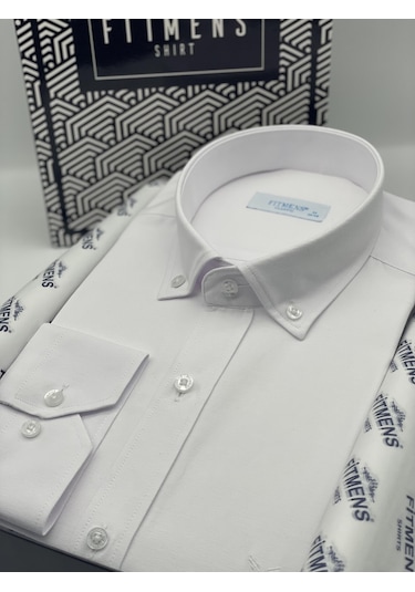 Fitmens Klasik Uzun Kol Yaka Düğmeli Cepsiz Erkek Hediye Kutulu Gömlek Code: Kr.9510 - Beyaz - Beyaz