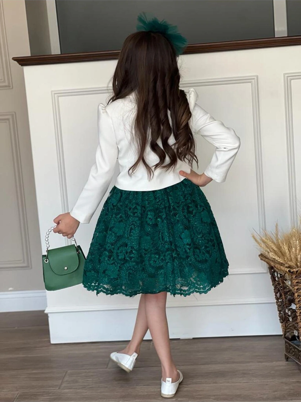 Uğur Böceği Çocuk Kız Çocuk 4'lü Şık Abiye Takım Elbise Ceket Çanta Toka Yeşil