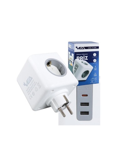 Vea Ve-23089 Beyaz Grup Priz 3'lü 2x Usb 1x Type-c Çoçuk Ve Termal Korumalı