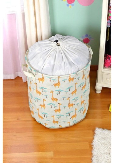 İronika Graffe Büzgülü Sepet Oyuncak Çamaşır Havlu Sepeti Yuvarlak Temiz Kirli Çamaşır Sepeti Ekru