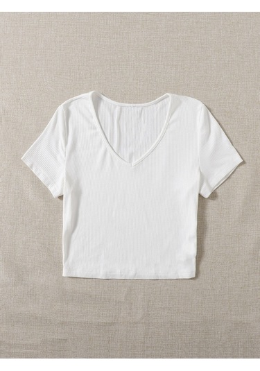 V Yaka Beyaz Renk Fitilli Kısa Kollu Regular Crop Top Bluz