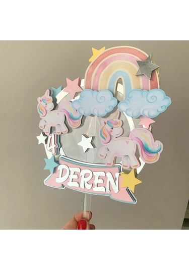 Unicorn Gökkuşağı Temalı Kız Çocuk Doğum Günü Pasta Süsü