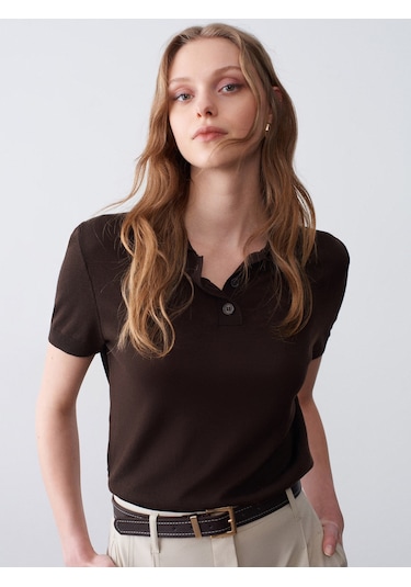 Dilvin 10871 Lyocell Karışımlı Polo Yaka Bluz-koyu Kahve