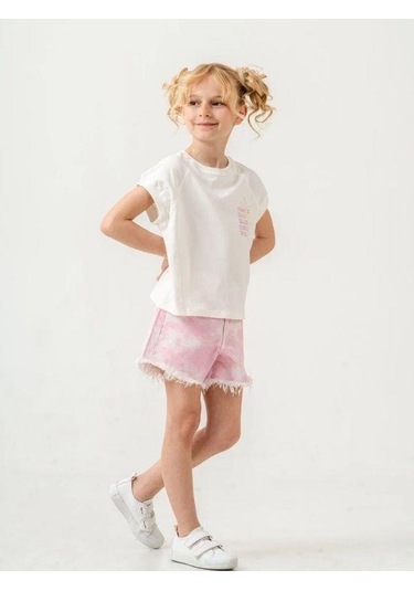 Kız Çocuk Batik Desenli Şortlu Takım-15885 Ekru