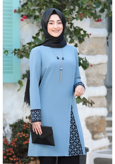 Lazer Kesim Detaylı Büyük Beden Tesettür Takım Mavi