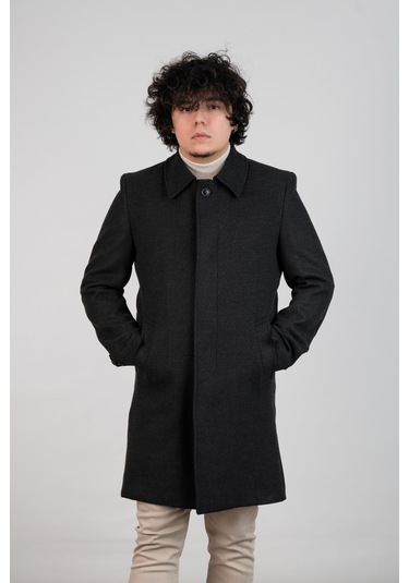 Yakalı Klasik Kesim Düğmeli Uzun Kaşe Erkek Kaban Antrasit