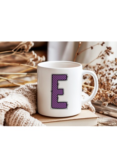 E Harfi Mor Puantiyeli Kupa Bardak - Polka Dot Tasarım Kahve Çay Bardak - Kişiye Özel Hediyelik Beyaz