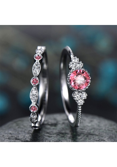 2 Pcs/set Women Fashion Zircon Gemstone Ring 7 Pink Çok Renkli