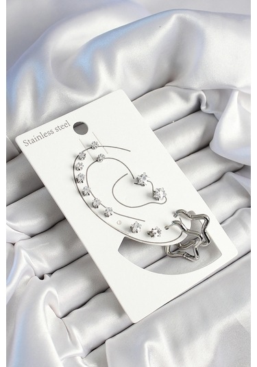 316l Çelik Yıldız Figürlü Ve Zirkon Taşlı Gümüş Renk 7'li Çift Kadın Küpe Set - Tj-bkp10636 Çok Renkli