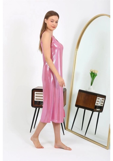 Giyim Kadın İp Askılı Uzun Parlak Micro Elbise Gecelik Pembe Pembe