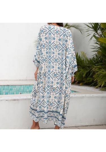 Kadınlar Plaj Tatili Baskılı Şal Bikini Güneş Korumalı Pareo Mavi