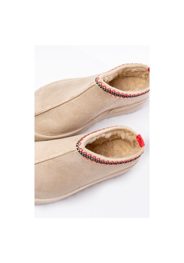 Ndr-2888 Bej Süet İçi Kürklü Kışlık Kapalı Burun Kadın Günlük Terlik Beyaz
