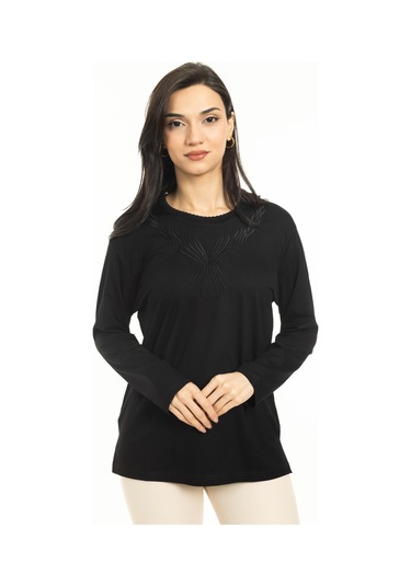 Yeni Sezon Kadın Orta Yaş ve Üzeri Yeni Desen Triko Yaka Likralı Anne Penye Bluz 30520-siyah