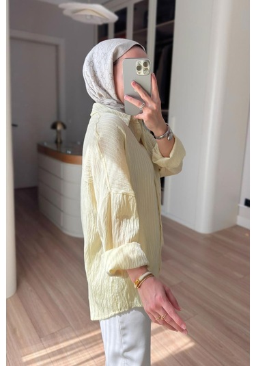 Kahijab Nakışlı Pul Detay Oversize Gömlek - Sarı