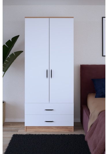 Abete Mobilya 2 Kapılı 2 Çekmeceli Gardırop / Atlantik Çam-beyaz
