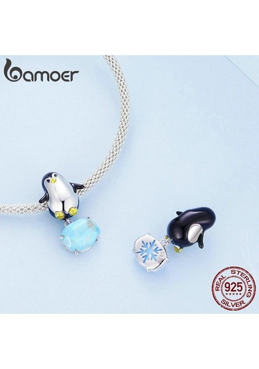 Bamoer 925 Ayar Gümüş Emaye Penguen Boncuk Mavi Kristal Takılar Kadınlar İçin Orijinal Bilezik Bileklik Ve Kolye Gümüş
