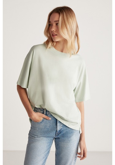 Jemmy Kadın Relaxed Kalıp Bisiklet Yaka %100 Pamuk Kısa Kollu Basic Mint Yeşil T-shirt