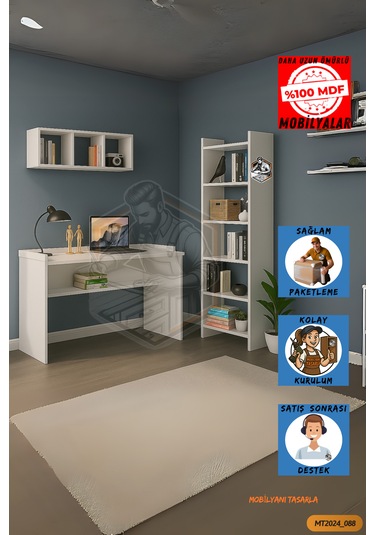 Tamamı Mdf Kitaplıklı Duvar Raflı Çalışma Odası Seti