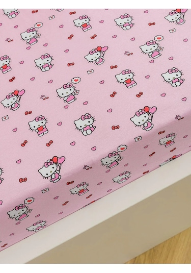 Pembe Hello Kitty Baskılı Tek Kişilik Lastikli Çarşaf