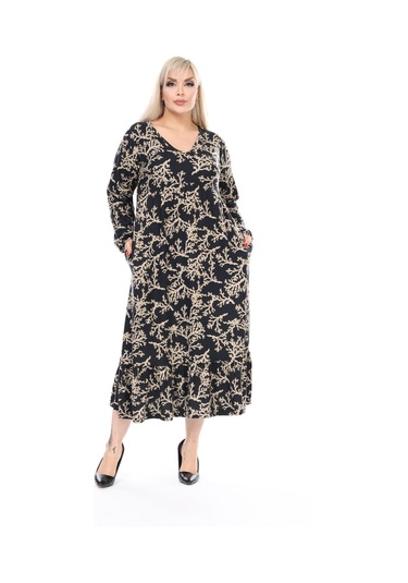 Kadın Büyük Beden Yumuşak Dokulu V Yaka Siyah Vizon Dal Desenli Elbise Siyah - Vizon Dal Desen