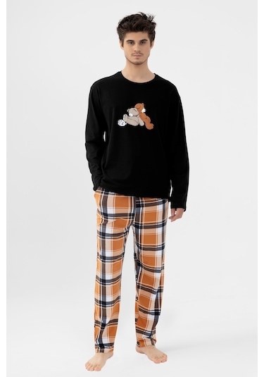 Erkek Pamuklu Uzun Kollu Ayıcık Baskılı Alt Ekose Cep Detaylı Pijama Takımı Ke30113 Siyah - Kahverengi
