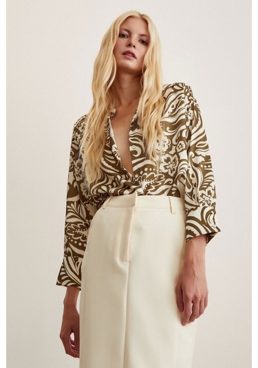 Never More Çiçek Desenli Gömlek Haki