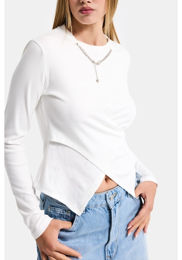 Itsbasic Kadın Beyaz Renk W5 Asimetrik Kesim Kolye Aksesuarlı Özel Tasarım Body