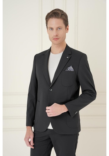 Slim Fit Mono Yaka Çift Yırtmaç Torba Cep Casual Siyah Ceket C 697 Siyah