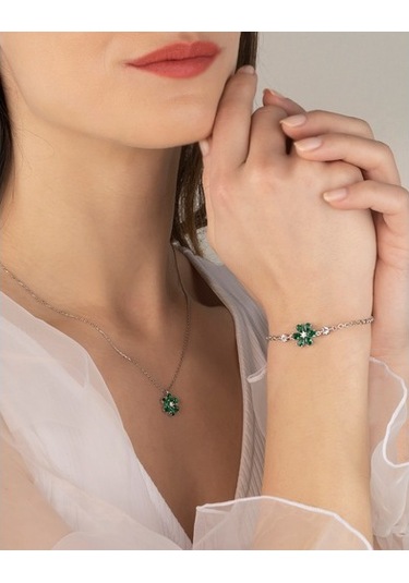 925 Ayar Gümüş Yeşil Bahar Çiçeği Kolye Ve Bileklik Kombin