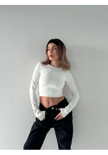 Nnstartshopping Sırt Dekoltelı Uzun Kollu Crop - Beyaz BEYAZ Beyaz