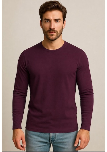Axxel Erkek Mürdüm Pamuklu Likralı Süprem Uzun Kollu T-shirt-d240
