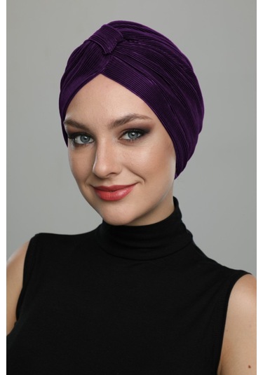 Çapraz Plise Bantlı Astarlı Mor Hazır Türban Tesettür Havuz Bonesi Mor