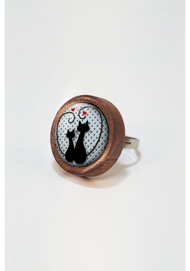 Tahtakolik Aşık Kediler Ahşap Yüzük Kahverengi