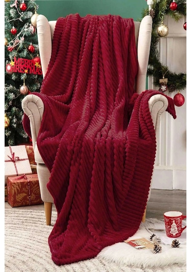 Tek Kişilik Çizgili Tv Battaniyesi 130x180 Cm Bordo Bordo
