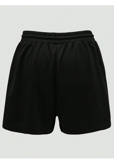 Ayıcık Penye Şort - Siyah Baskılı Kısa Kordonsuz Siyah