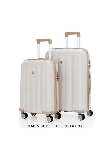 Mçs Bavul Orta Ve Kabin 2li Set Kırılmaz Silikon Valiz V305 Kemik/şampanya Kemik - Şampanya